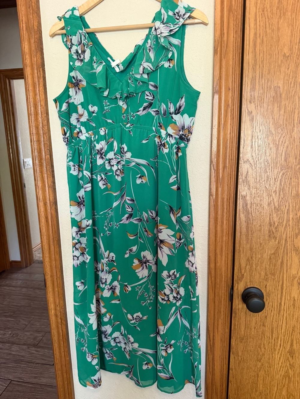 Maurices Green Floral Ruffle V-Neck Maxi Dress